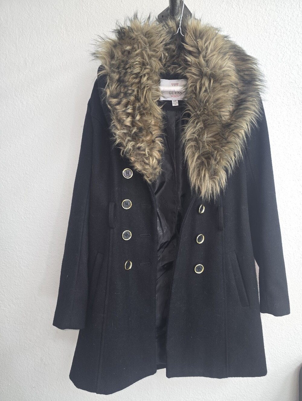 Guess Black Double-Breasted Pea Coat with Faux Fur Trim